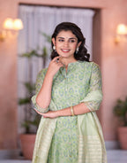 Juniper Women's Green Floral Printed Chanderi Kurta Set With Buttons & Sequins