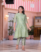 Juniper Women's Green Floral Printed Chanderi Kurta Set With Buttons & Sequins
