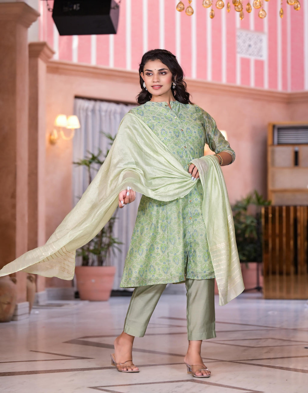 Juniper Women's Green Floral Printed Chanderi Kurta Set With Buttons & Sequins