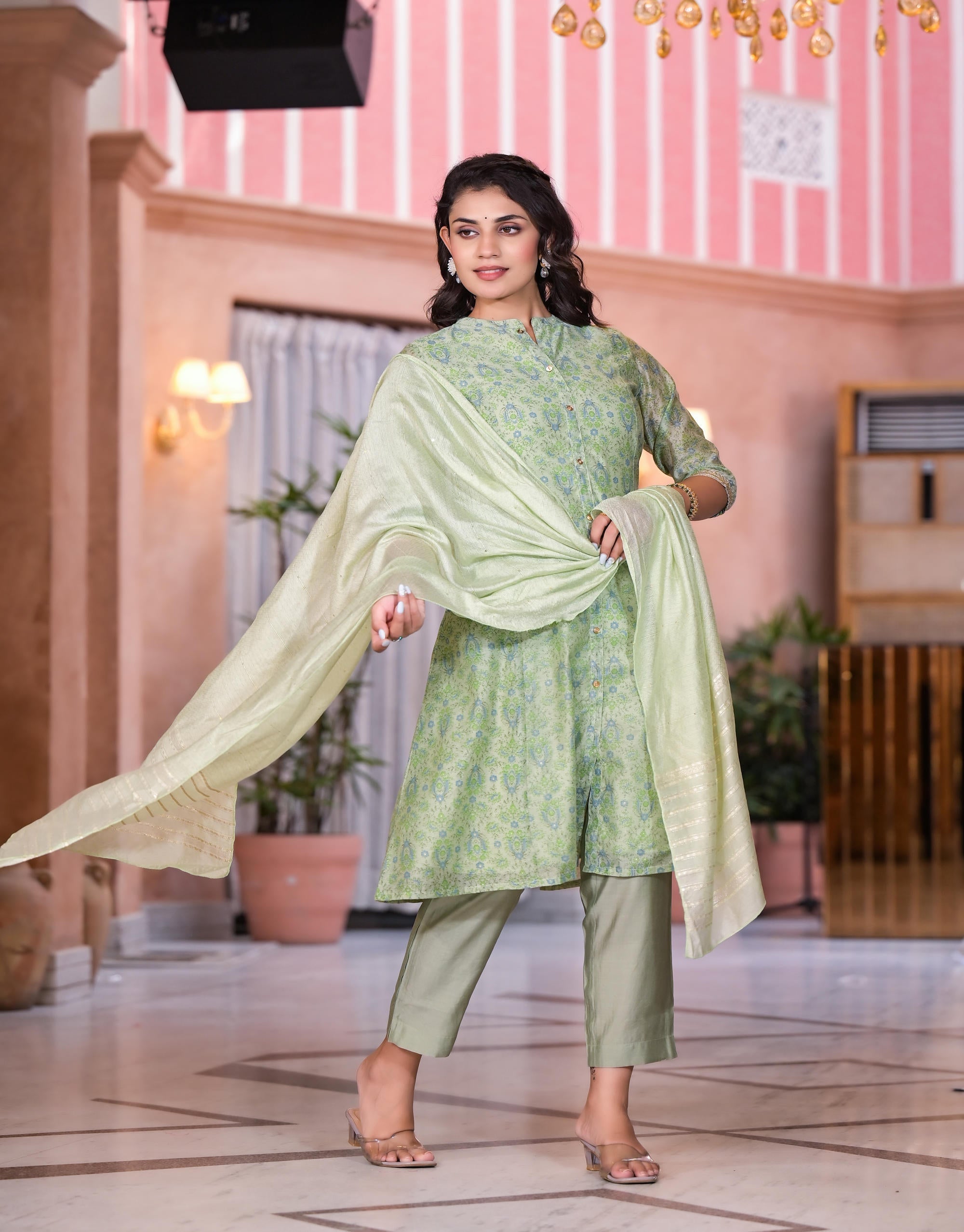 Juniper Women's Green Floral Printed Chanderi Kurta Set With Buttons & Sequins