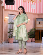 Juniper Women's Green Floral Printed Chanderi Kurta Set With Buttons & Sequins