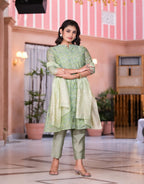 Juniper Women's Green Floral Printed Chanderi Kurta Set With Buttons & Sequins