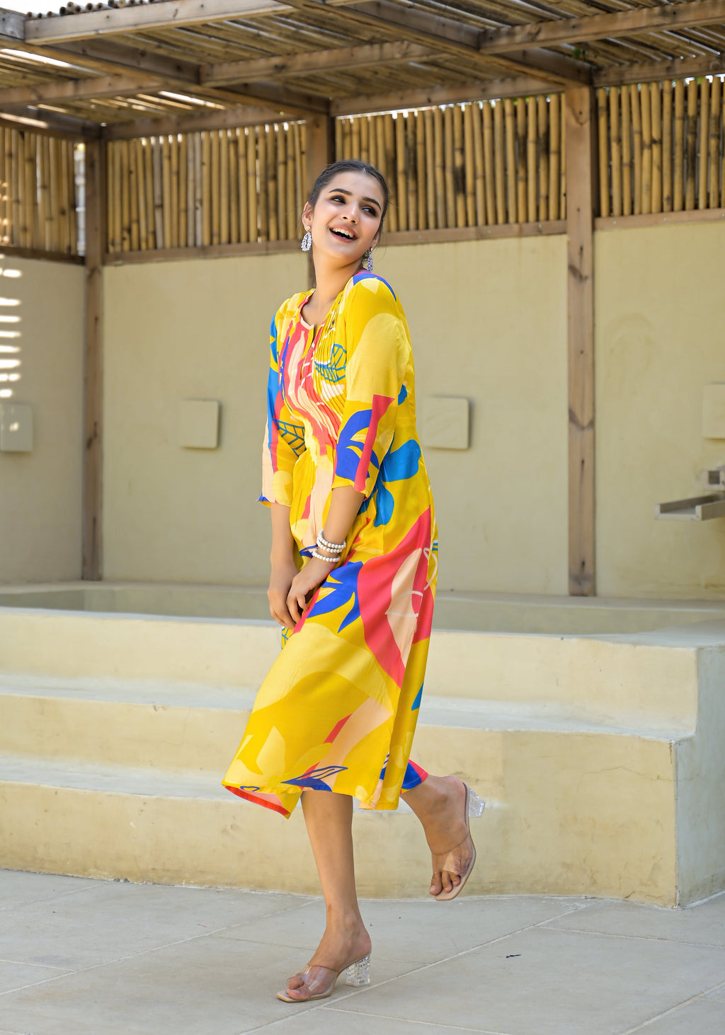 Juniper Women's Yellow Floral Printed Muslin A-Line Dres - Distacart