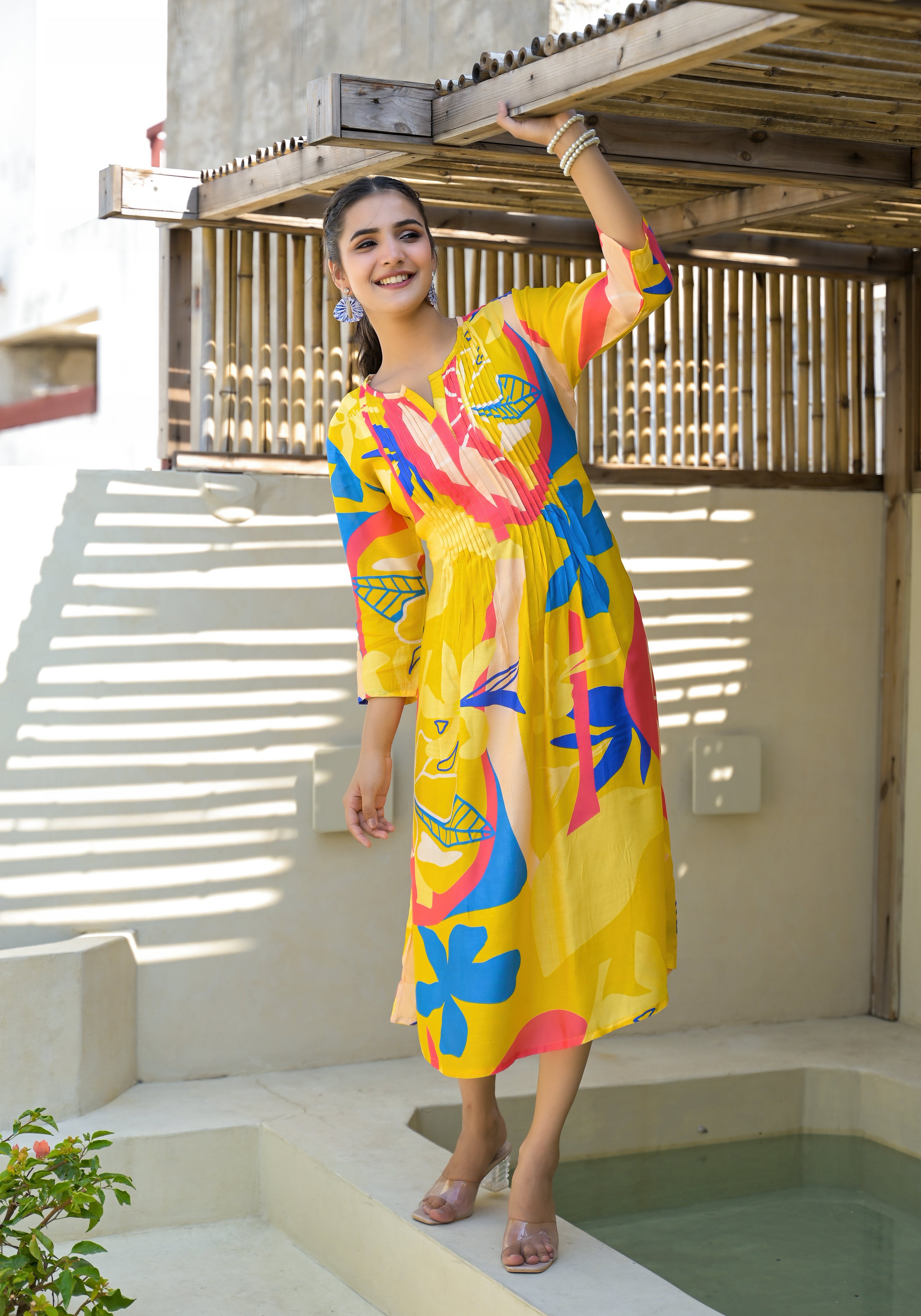 Juniper Women's Yellow Floral Printed Muslin A-Line Dres - Distacart