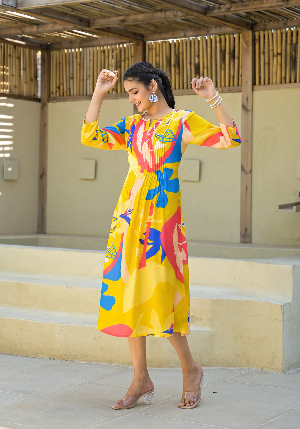 Juniper Women's Yellow Floral Printed Muslin A-Line Dres - Distacart