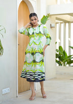 Juniper Green muslin boat neck knee length dress with ethnic print - Distacart