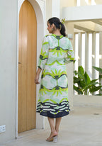 Juniper Green muslin boat neck knee length dress with ethnic print - Distacart