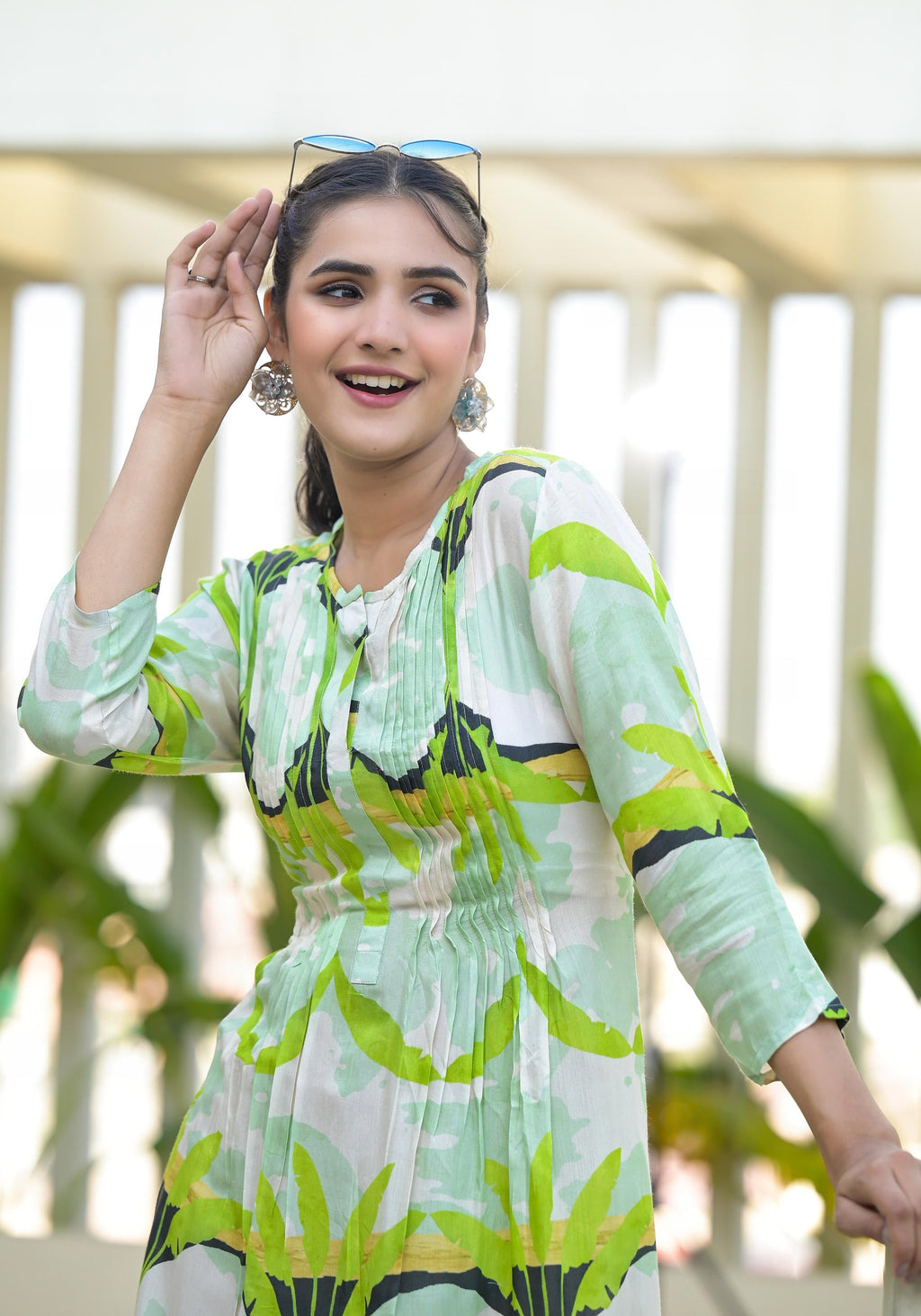 Juniper Green muslin boat neck knee length dress with ethnic print - Distacart