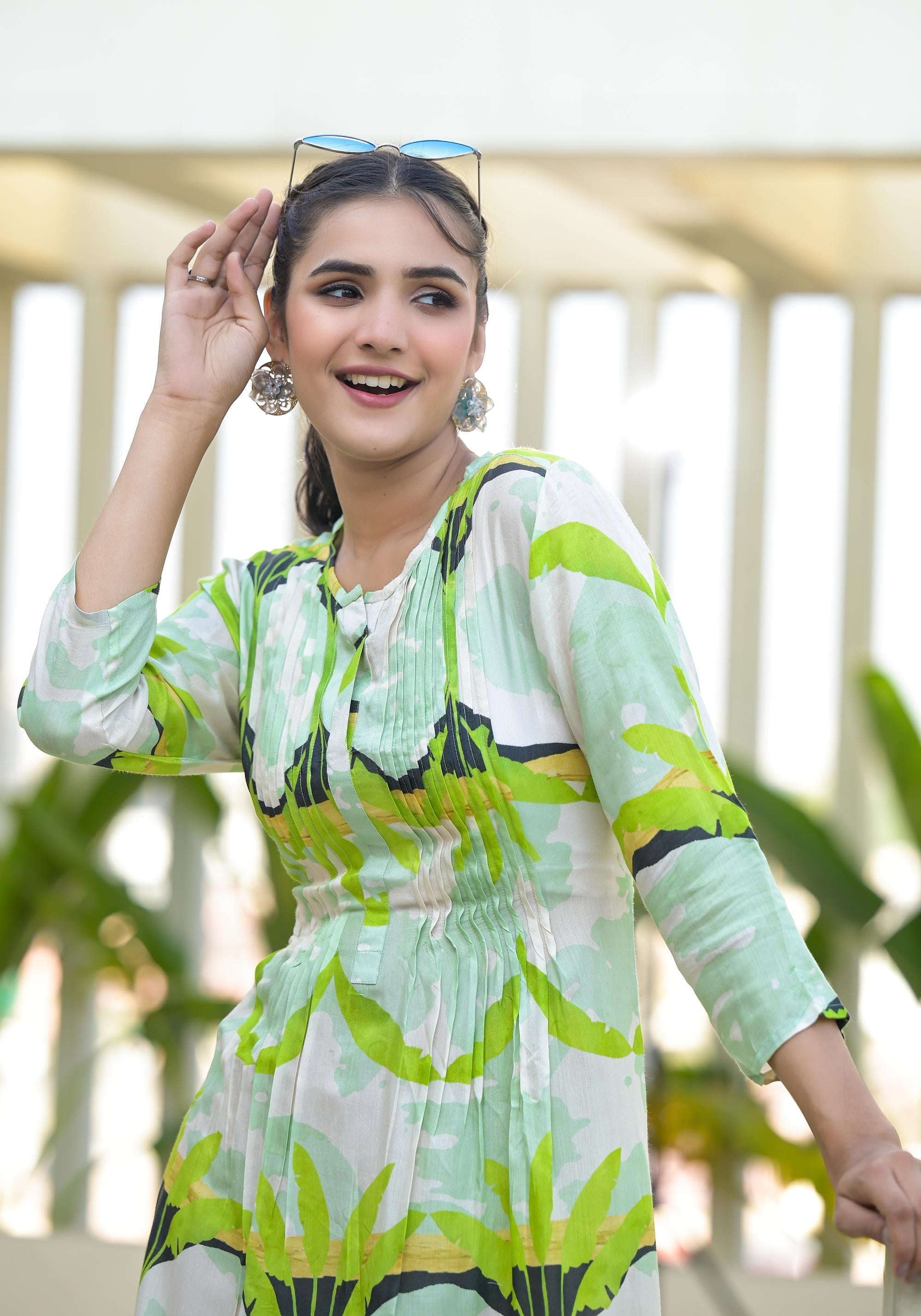 Juniper Green muslin boat neck knee length dress with ethnic print - Distacart