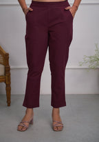 Juniper Women's Burgundy Solid Cotton Pants With Partially Elasticated Waistband And Two Side Pockets