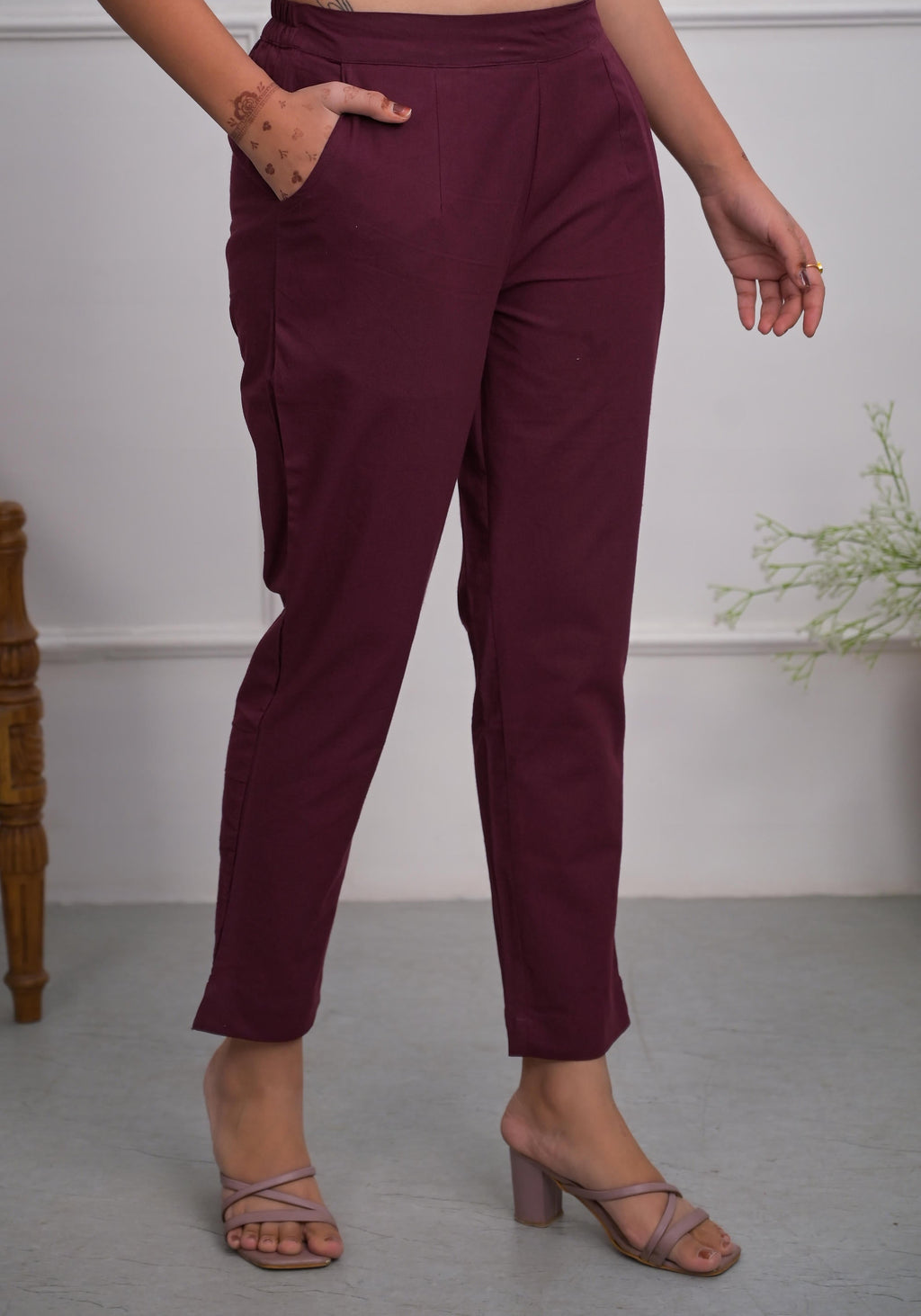 Juniper Women's Burgundy Solid Cotton Pants With Partially Elasticated Waistband And Two Side Pockets