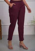 Juniper Women's Burgundy Solid Cotton Pants With Partially Elasticated Waistband And Two Side Pockets