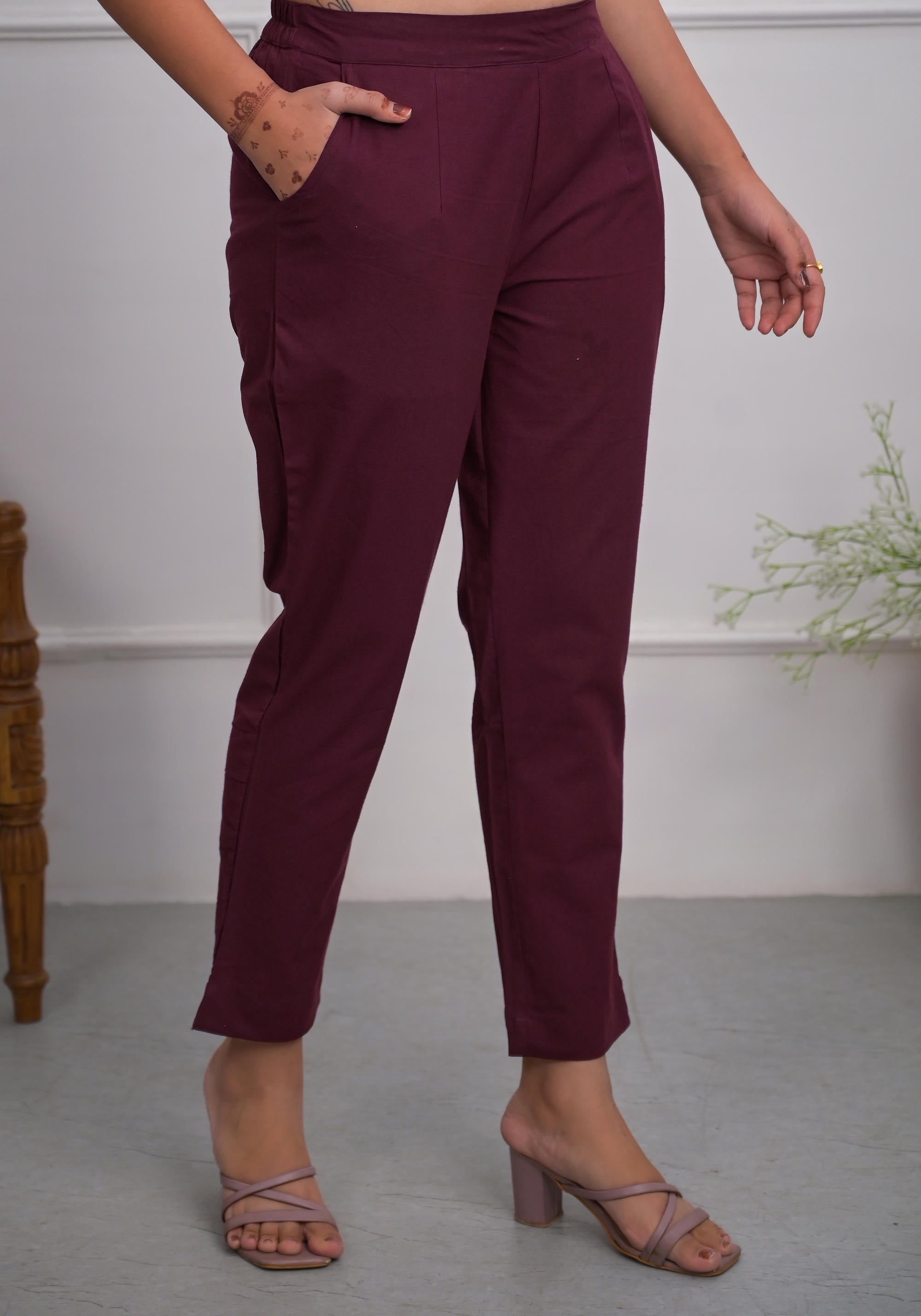 Juniper Women's Burgundy Solid Cotton Pants With Partially Elasticated Waistband And Two Side Pockets