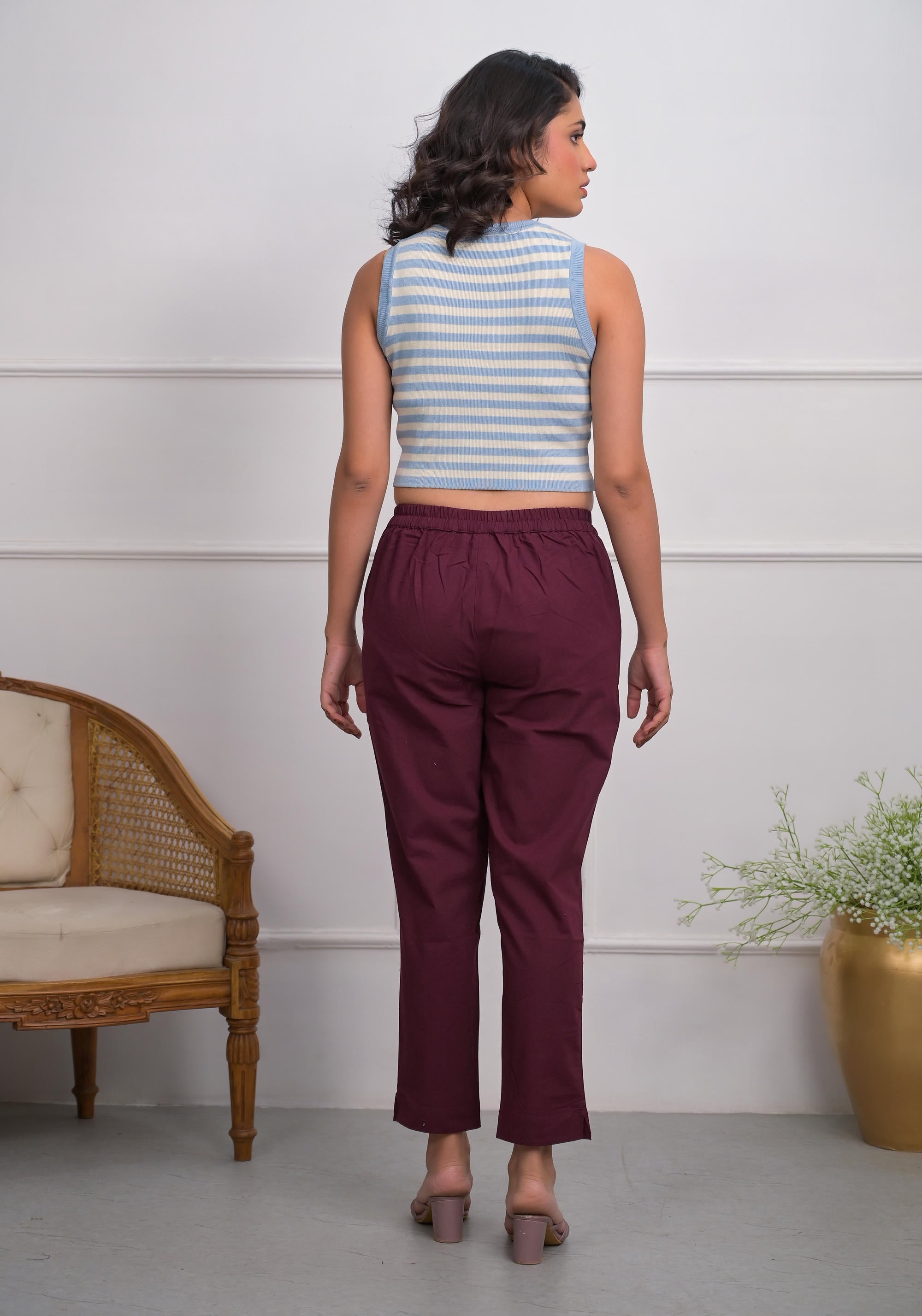 Juniper Women's Burgundy Solid Cotton Pants With Partially Elasticated Waistband And Two Side Pockets