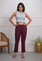 Juniper Women's Burgundy Solid Cotton Pants With Partially Elasticated Waistband And Two Side Pockets