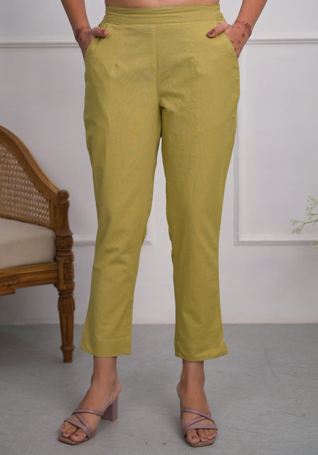 Juniper Women's Khaki Solid Cotton Pants With Partially Elasticated Waistband And Two Side Pockets