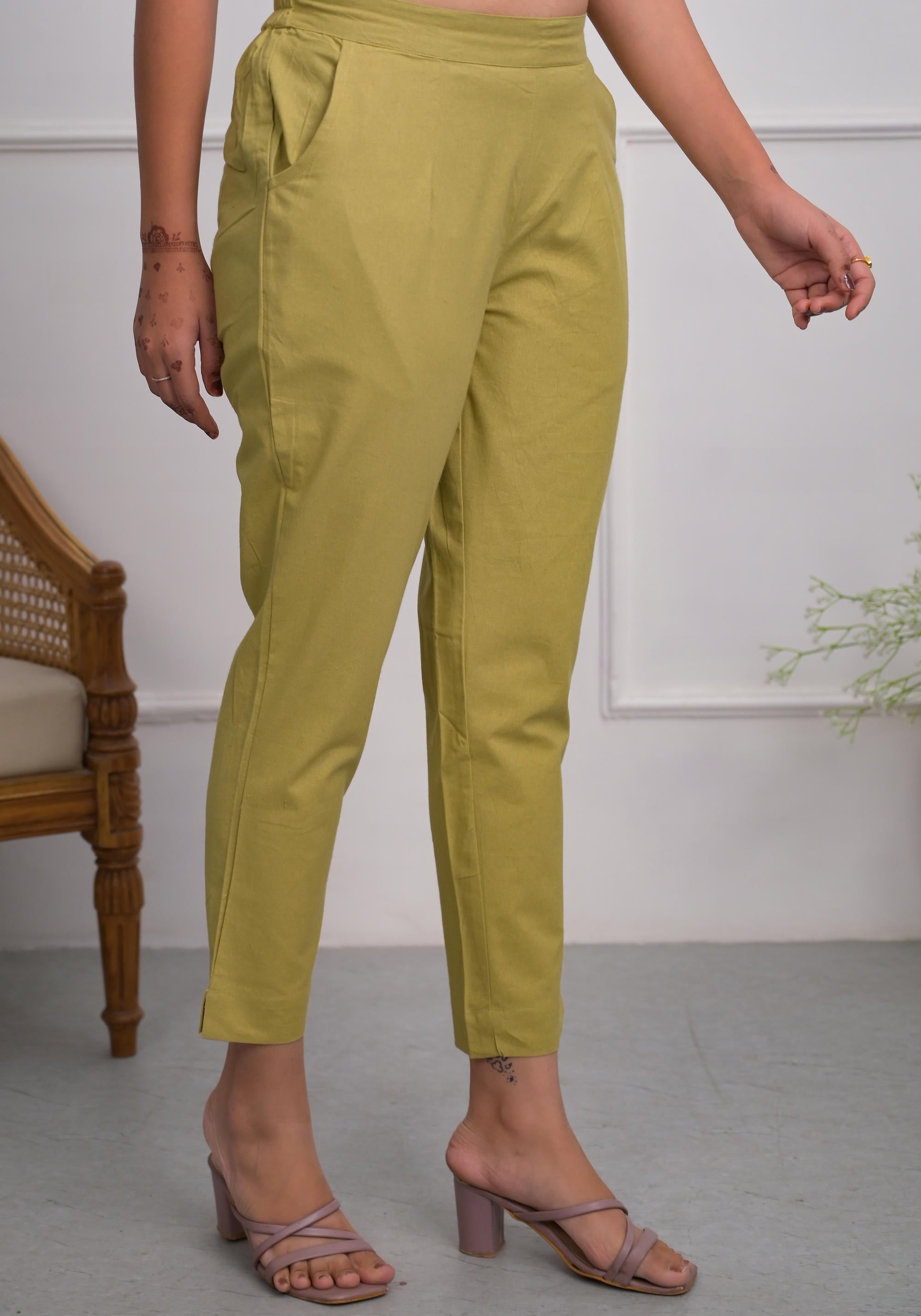 Juniper Women's Khaki Solid Cotton Pants With Partially Elasticated Waistband And Two Side Pockets