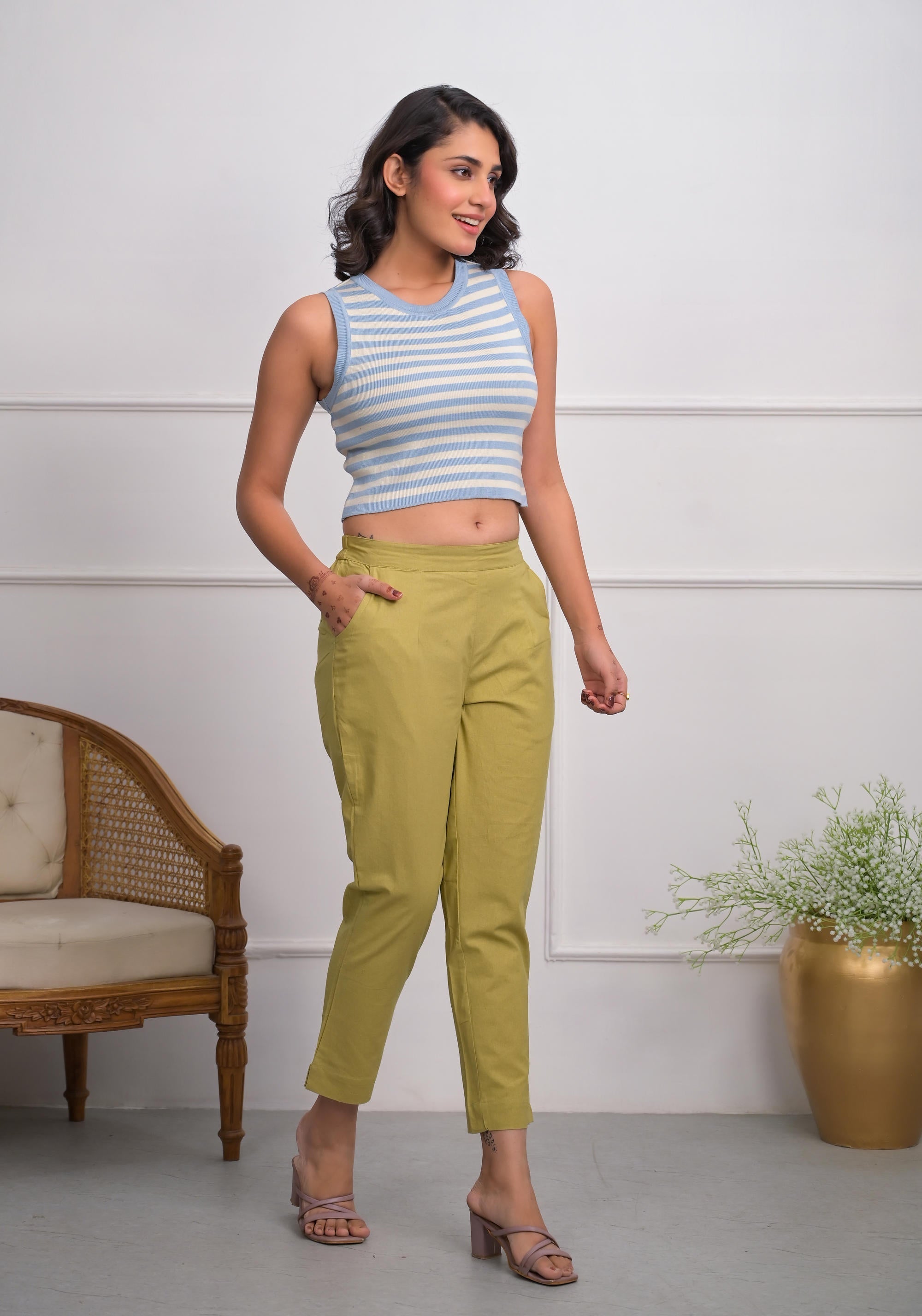 Juniper Women's Khaki Solid Cotton Pants With Partially Elasticated Waistband And Two Side Pockets