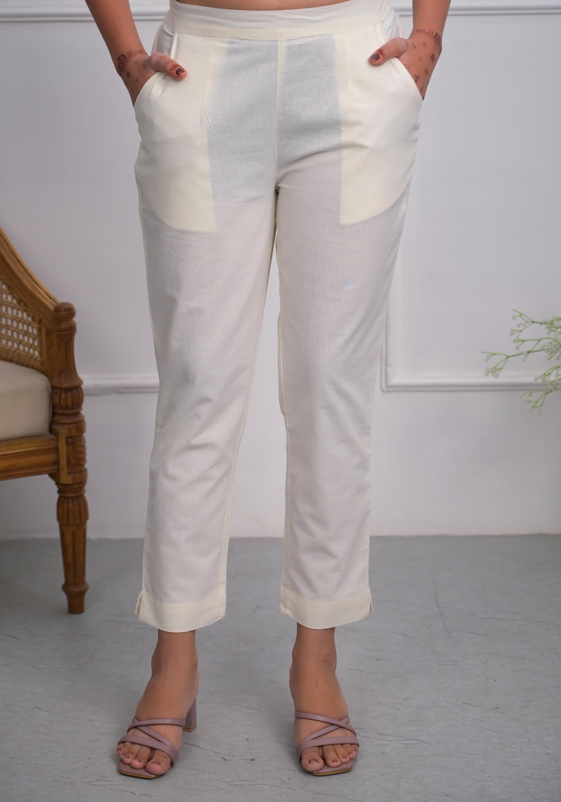 Juniper Off White Solid Cotton Pants With Partially Elasticated Waistband And Two Side Pockets - Distacart