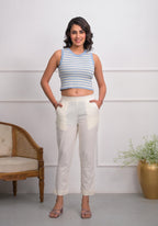 Juniper Women's Off White Solid Cotton Pants With Partially Elasticated Waistband And Two Side Pockets
