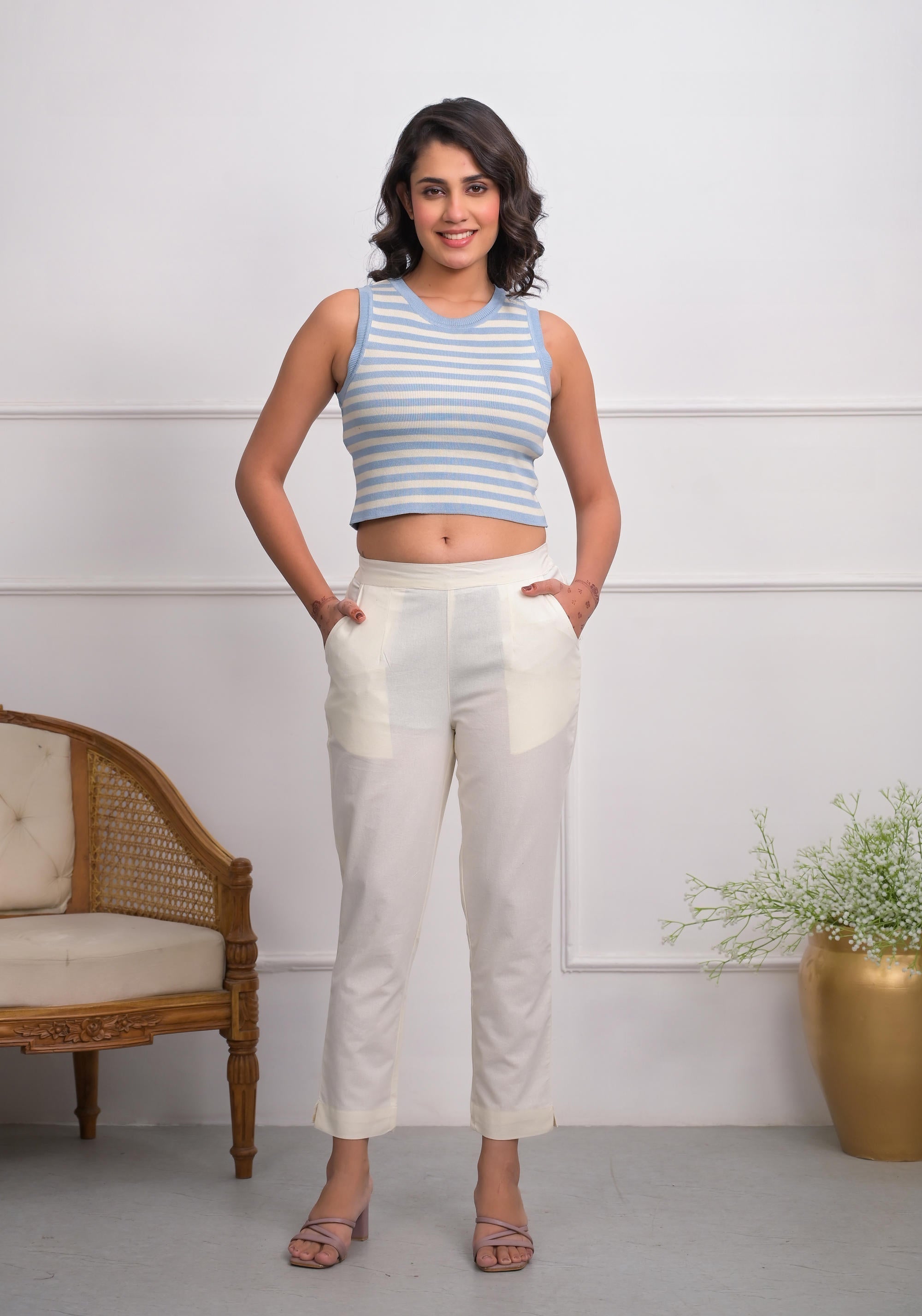 Juniper Women's Off White Solid Cotton Pants With Partially Elasticated Waistband And Two Side Pockets