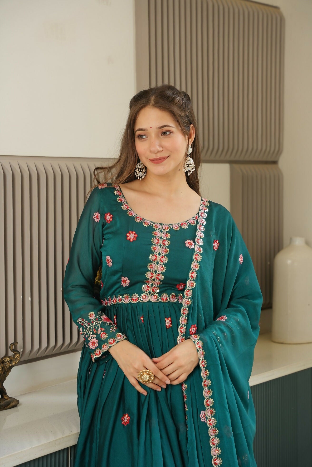 Teeya Creation Rama Color Heavy Crush Silk Wedding Wear Embroidery Work Long Gown - Distacart
