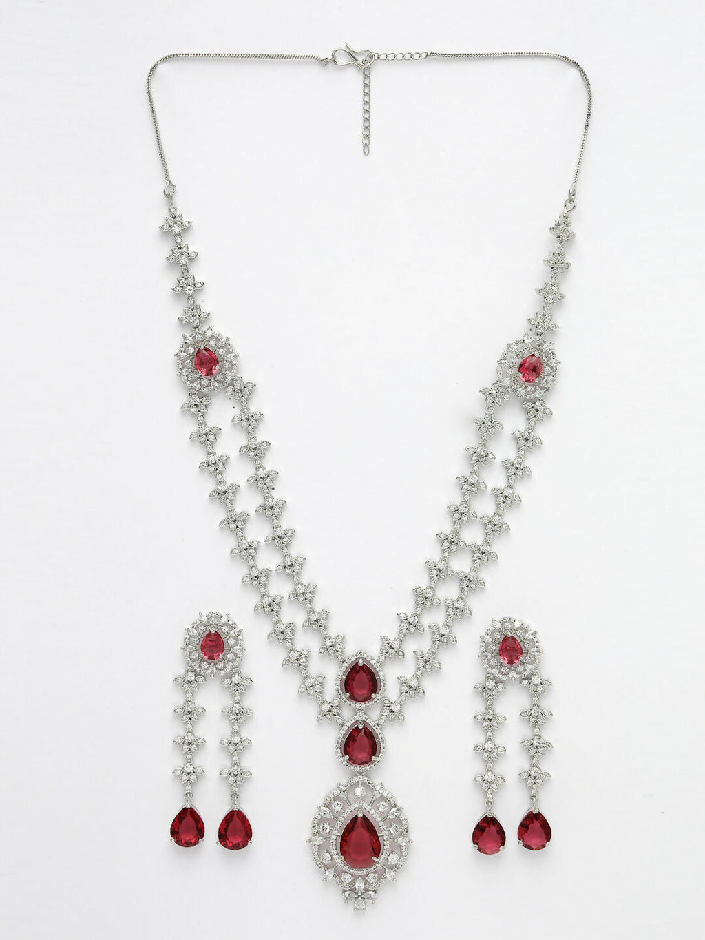 NVR Women's Silver-Plated Red CZ-Studded Handcrafted Jewellery Set