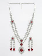 NVR Women's Silver-Plated Red CZ-Studded Handcrafted Jewellery Set
