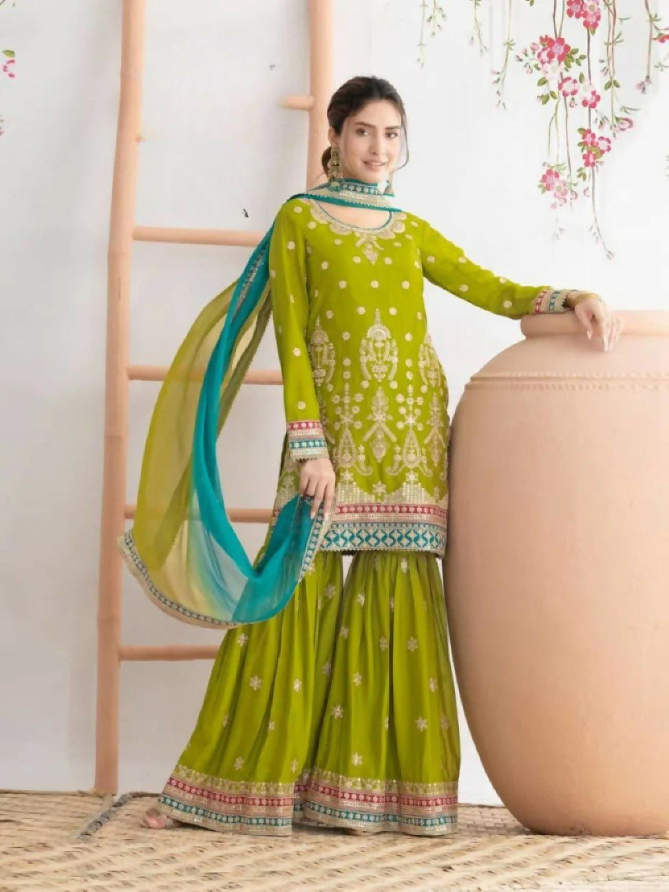Anaita Green Chinon Suit With Embroidered Sequins & Mirror Work - Distacart