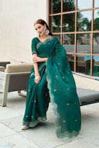 Vastranavya Rama Embroidery Work Shimmer Chiffon Saree with Unstitched Blouse - Distacart