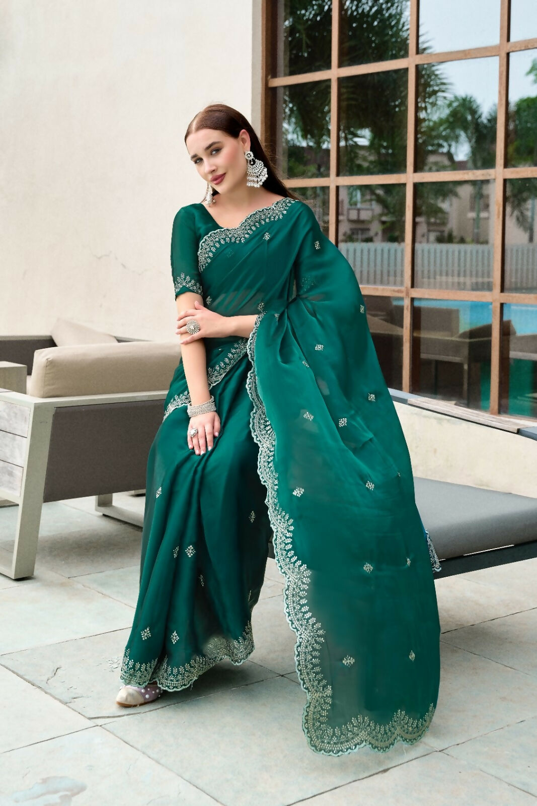 Vastranavya Rama Embroidery Work Shimmer Chiffon Saree with Unstitched Blouse - Distacart