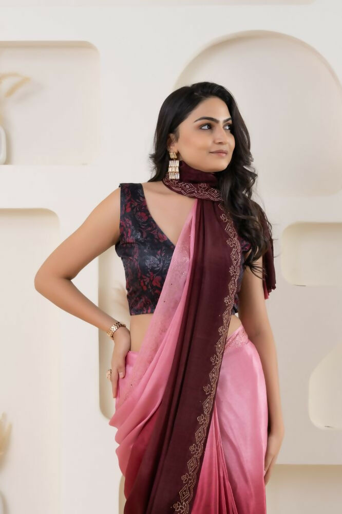 Pink Satin Pedding Designer, Printed Party Wear Ready To Wear Saree - Femina