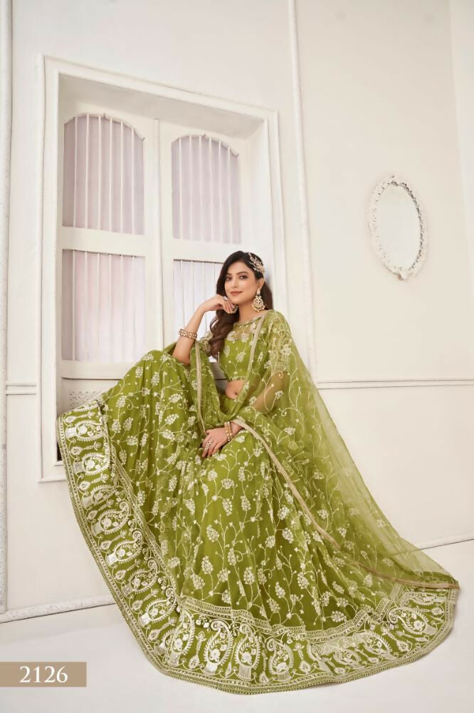Aastha Fashion Olive Green Butterfly Net White Cotton Thread Work And Sequence Work Embroidery Wedding Wear Lehenga Choli
