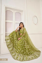 Aastha Fashion Olive Green Butterfly Net White Cotton Thread Work And Sequence Work Embroidery Wedding Wear Lehenga Choli