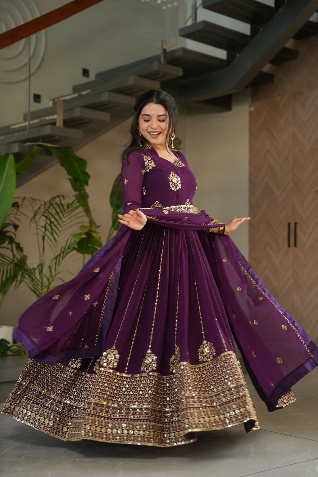 Joban Fashion Wine Georgette Sequence Embroidery Work Kurta Set - Distacart