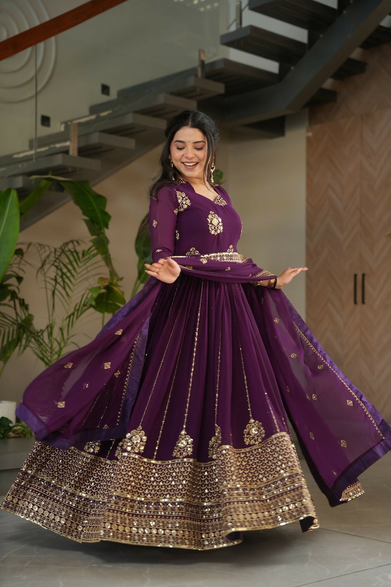 Joban Fashion Wine Georgette Sequence Embroidery Work Kurta Set - Distacart