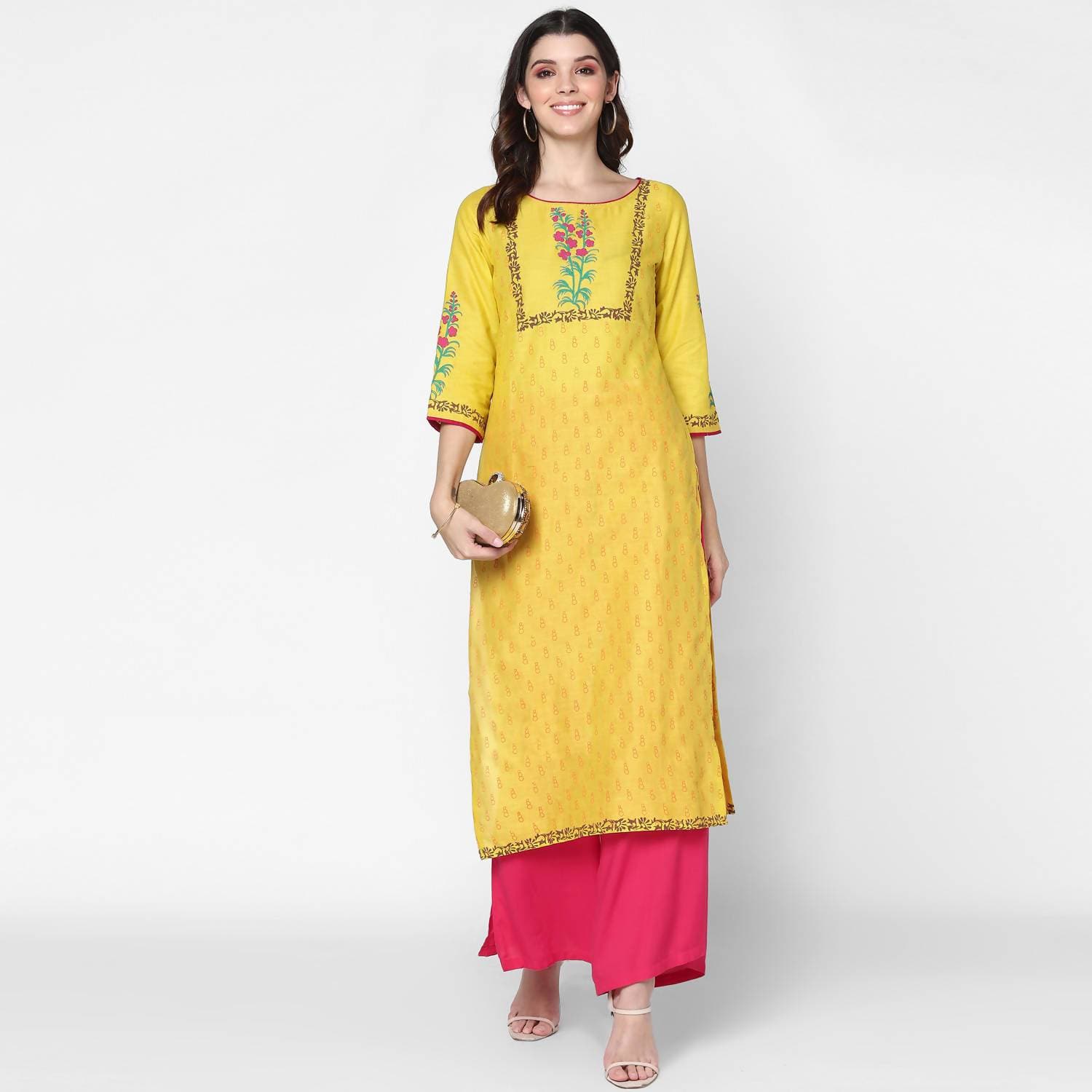 Cheera Hand Block Print Yellow Straight Kurta (MAAI-058K)
