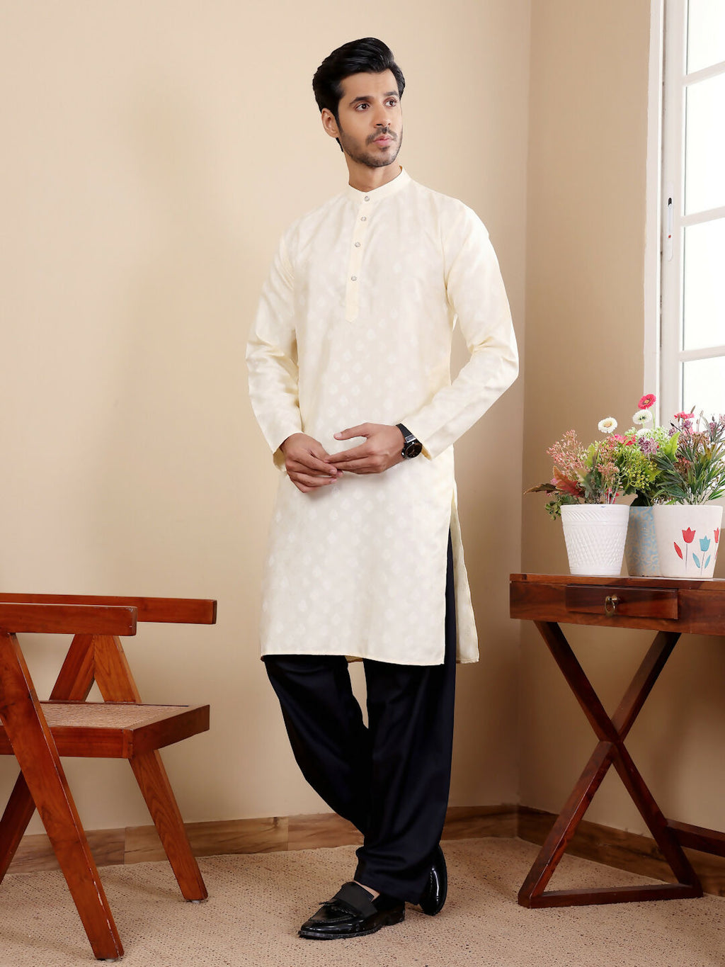 Off White Viscose Woven Jacquard Work Men's Kurta - Mahotsav