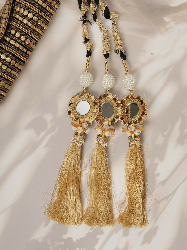 Ruby Raang Gold Gota Pati Work And Black Thread And Mirrors With Gold Stones & Pearls