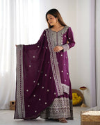 Joban Fashion Wine Kurta Set Silk Sequins , Zari, Coding & Thread Embroidered work - Distacart