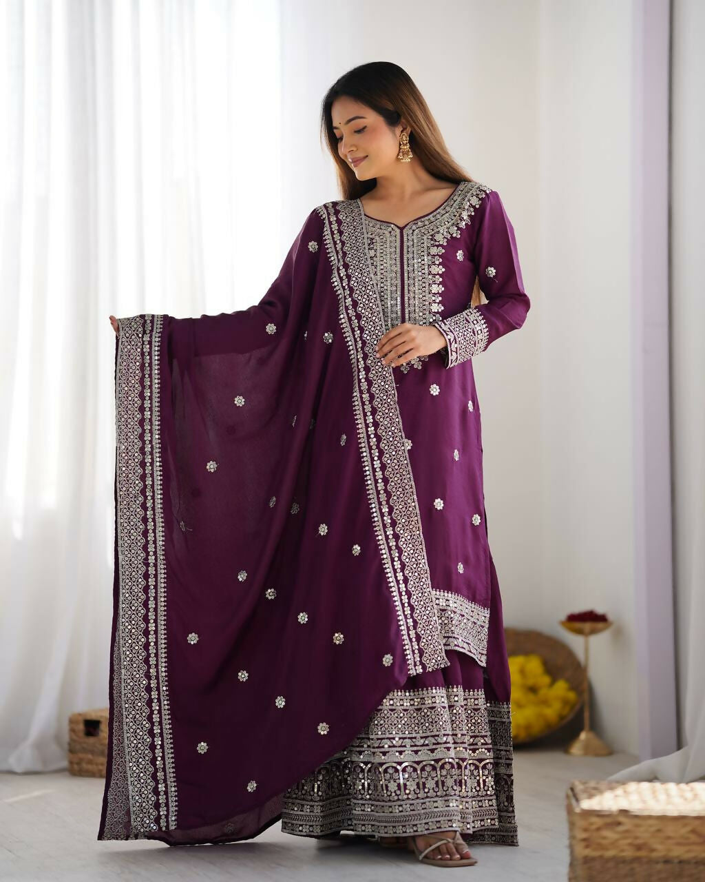 Joban Fashion Wine Kurta Set Silk Sequins , Zari, Coding & Thread Embroidered work - Distacart