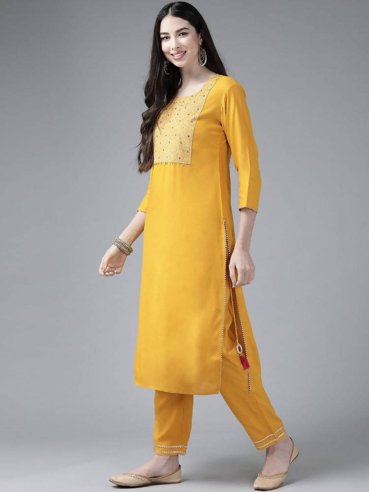 Yufta Women's Mustard Rayon Kurti With Pant Dupatta Set