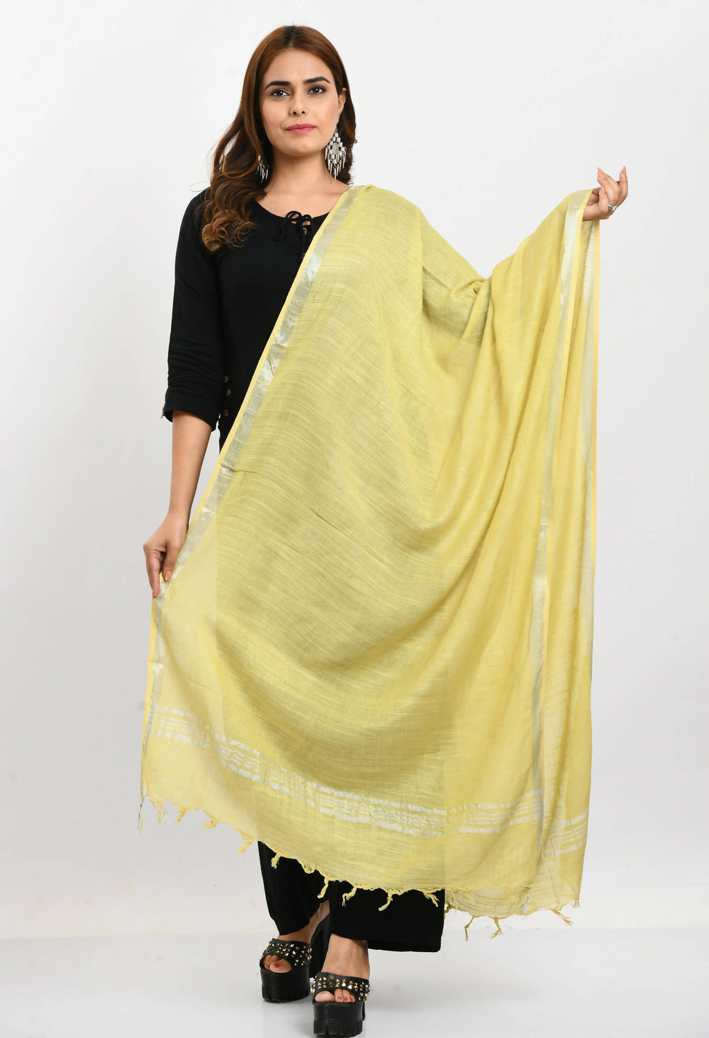 Mominos Fashion Moeza Women's Linen Cotton Silver Border Lemon Yellow Dupatta - Distacart