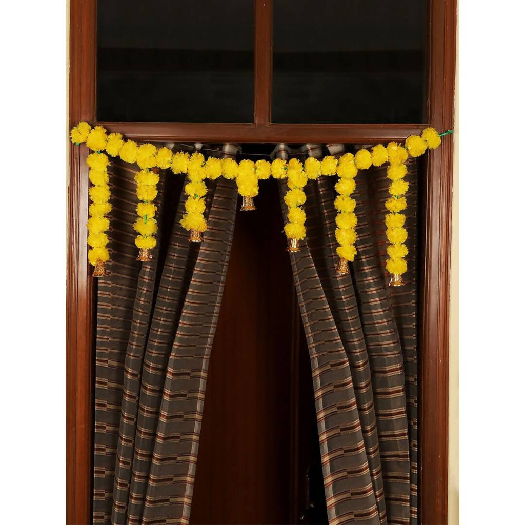Tied Ribbons Yellow Entrance Hanging Marigold Flowers Bandhanwar Toran Garland with Bells