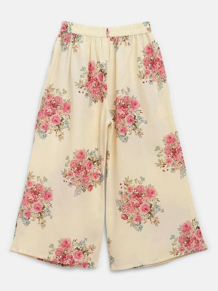 Ahalyaa Beige Crepe Floral Printed Kids Kurta Palazzo Set With Dupatta For Girls