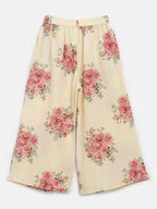Ahalyaa Beige Crepe Floral Printed Kids Kurta Palazzo Set With Dupatta For Girls