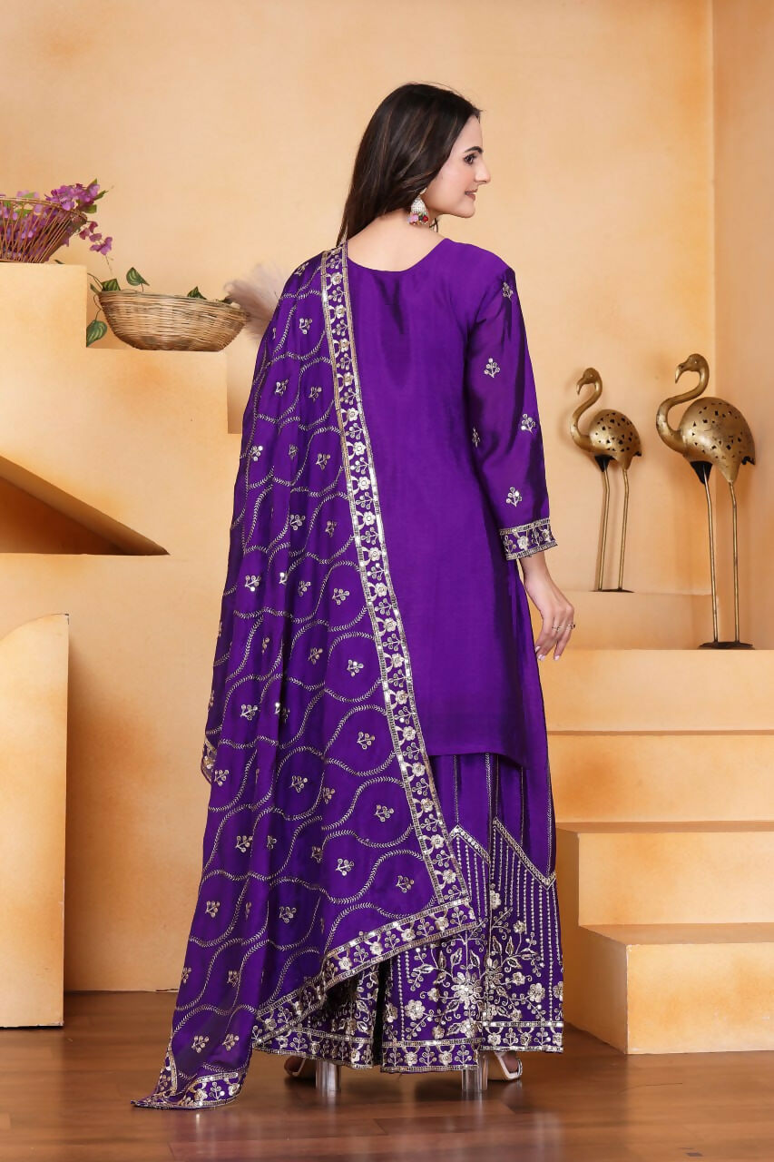 Teeya Creation Purple Color Chinon Silk Embroidery Work Wedding Wear Palazzo Set - Distacart