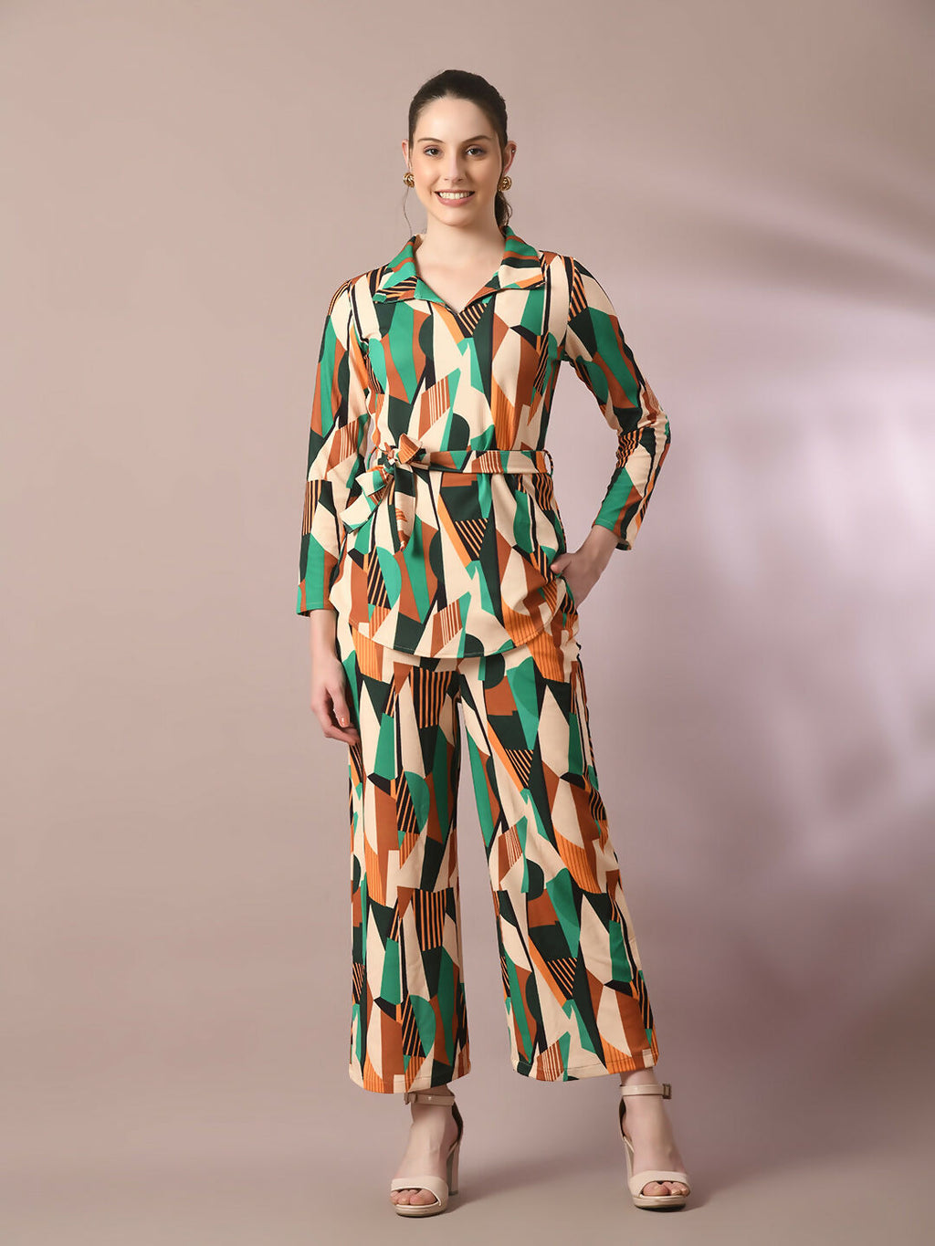 Myshka Women's Multi Printed Polo Collar Party Top With Trousers Co-ord set