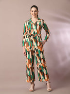 Myshka Women's Multi Printed Polo Collar Party Top With Trousers Co-ord set