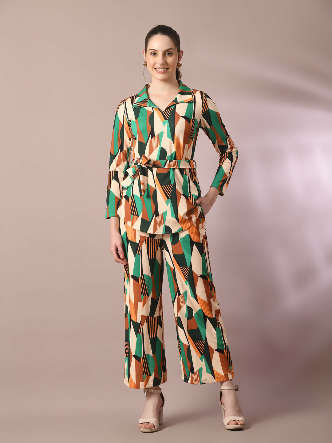 Myshka Women's Multi Printed Polo Collar Party Top With Trousers Co-ord set